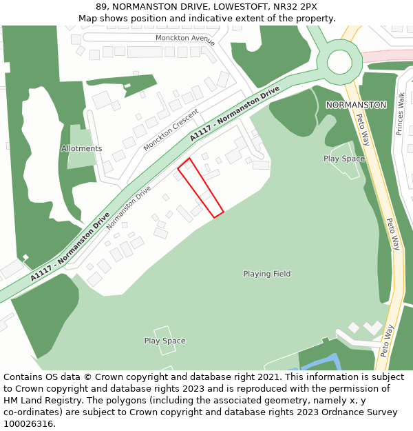 89, NORMANSTON DRIVE, LOWESTOFT, NR32 2PX: Location map and indicative extent of plot