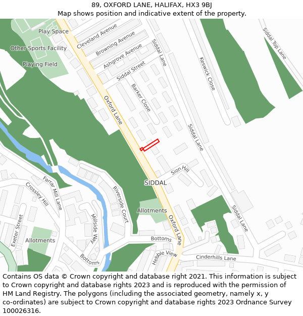 89, OXFORD LANE, HALIFAX, HX3 9BJ: Location map and indicative extent of plot