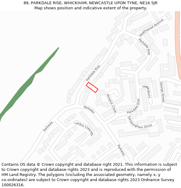 89, PARKDALE RISE, WHICKHAM, NEWCASTLE UPON TYNE, NE16 5JR: Location map and indicative extent of plot