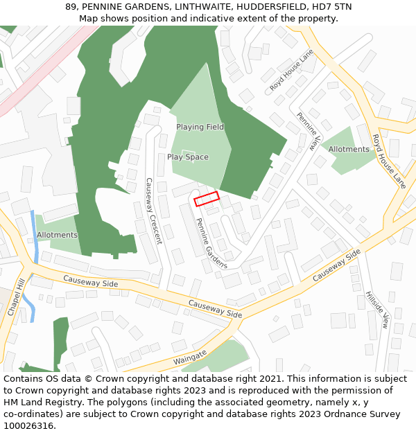 89, PENNINE GARDENS, LINTHWAITE, HUDDERSFIELD, HD7 5TN: Location map and indicative extent of plot
