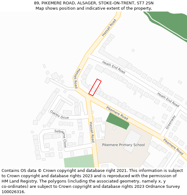 89, PIKEMERE ROAD, ALSAGER, STOKE-ON-TRENT, ST7 2SN: Location map and indicative extent of plot