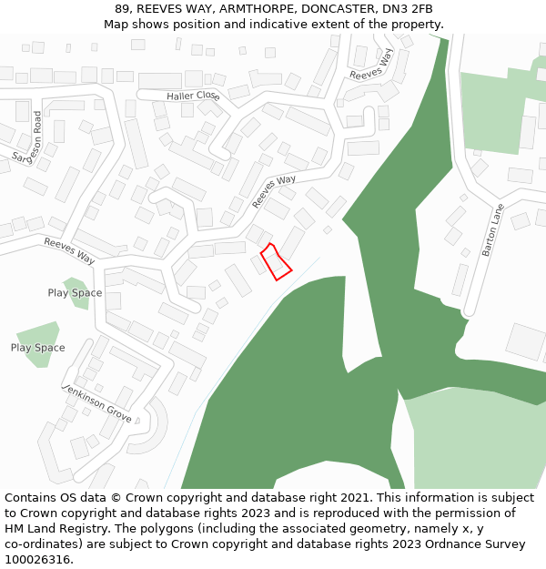 89, REEVES WAY, ARMTHORPE, DONCASTER, DN3 2FB: Location map and indicative extent of plot