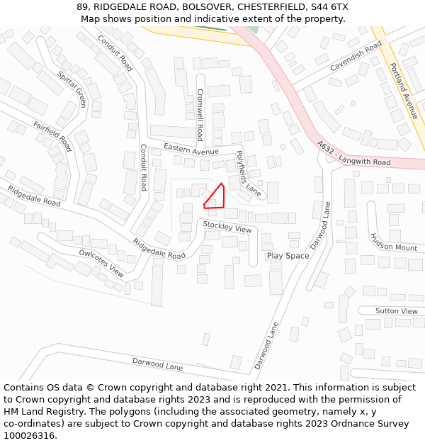 89, RIDGEDALE ROAD, BOLSOVER, CHESTERFIELD, S44 6TX: Location map and indicative extent of plot