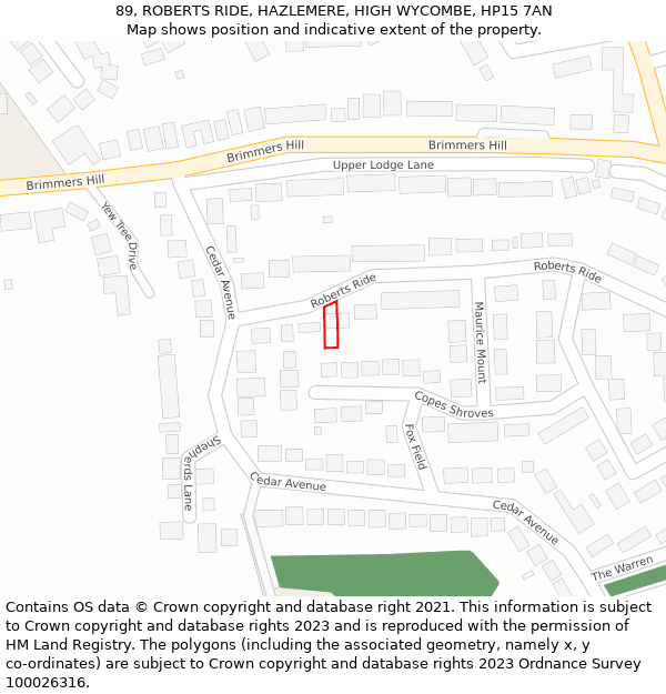 89, ROBERTS RIDE, HAZLEMERE, HIGH WYCOMBE, HP15 7AN: Location map and indicative extent of plot