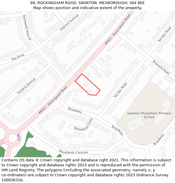 89, ROCKINGHAM ROAD, SWINTON, MEXBOROUGH, S64 8EE: Location map and indicative extent of plot