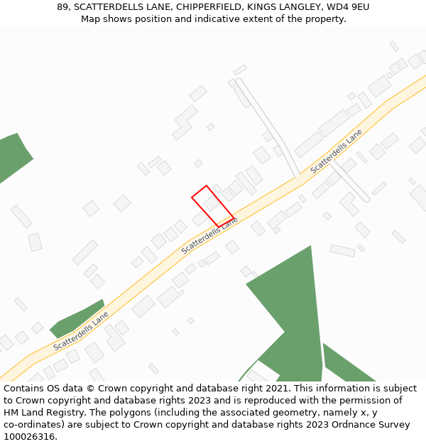 89, SCATTERDELLS LANE, CHIPPERFIELD, KINGS LANGLEY, WD4 9EU: Location map and indicative extent of plot