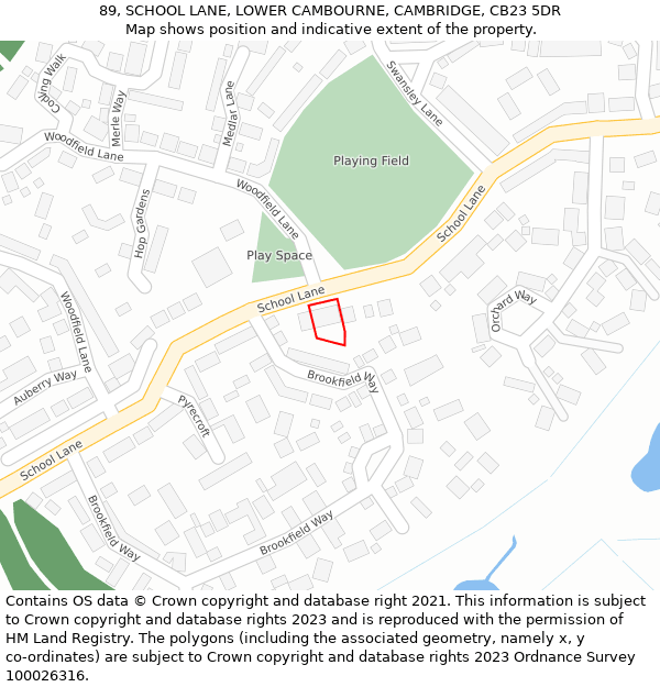 89, SCHOOL LANE, LOWER CAMBOURNE, CAMBRIDGE, CB23 5DR: Location map and indicative extent of plot