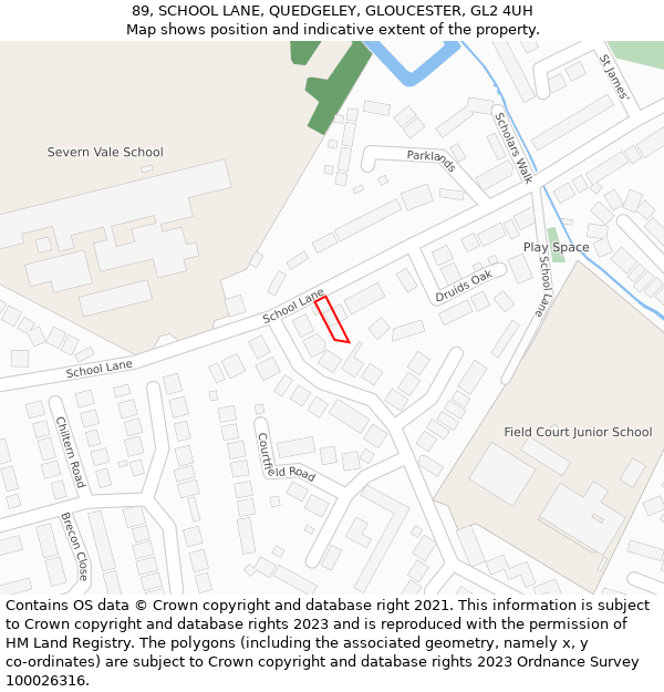 89, SCHOOL LANE, QUEDGELEY, GLOUCESTER, GL2 4UH: Location map and indicative extent of plot