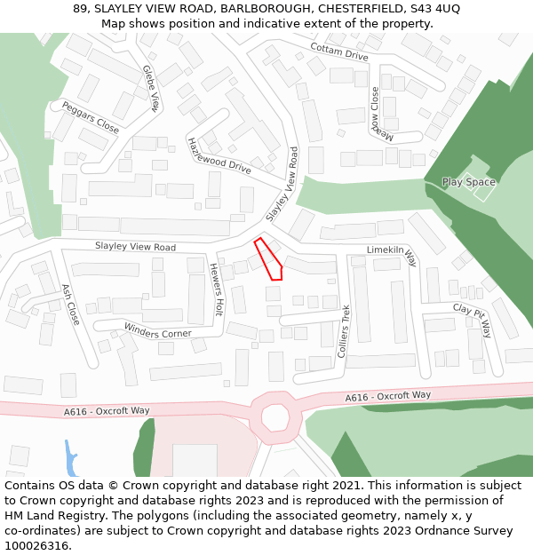 89, SLAYLEY VIEW ROAD, BARLBOROUGH, CHESTERFIELD, S43 4UQ: Location map and indicative extent of plot