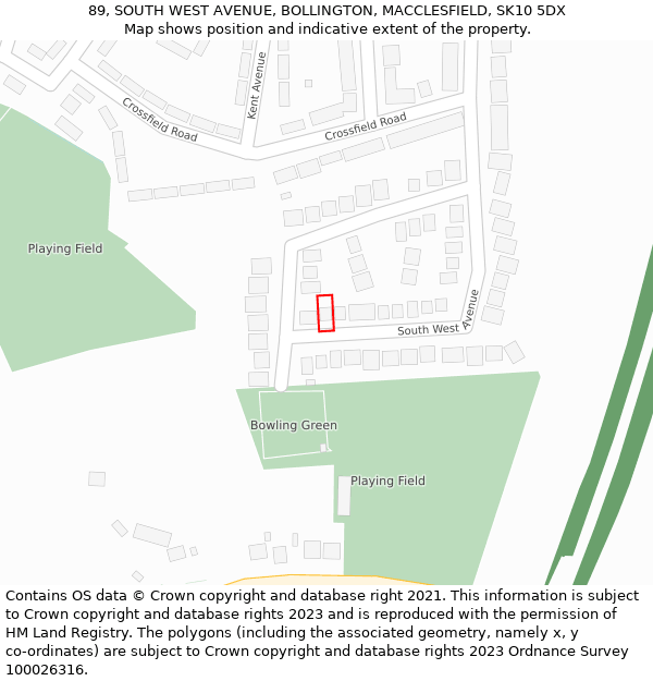 89, SOUTH WEST AVENUE, BOLLINGTON, MACCLESFIELD, SK10 5DX: Location map and indicative extent of plot