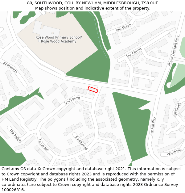 89, SOUTHWOOD, COULBY NEWHAM, MIDDLESBROUGH, TS8 0UF: Location map and indicative extent of plot