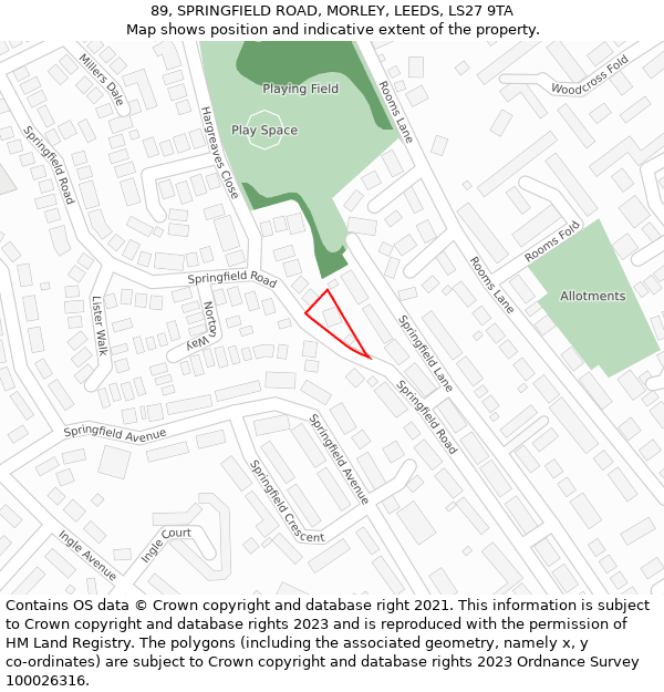 89, SPRINGFIELD ROAD, MORLEY, LEEDS, LS27 9TA: Location map and indicative extent of plot