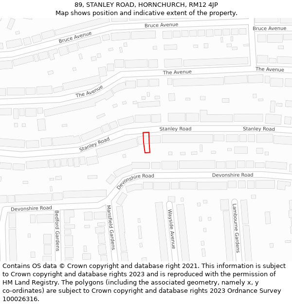 89, STANLEY ROAD, HORNCHURCH, RM12 4JP: Location map and indicative extent of plot