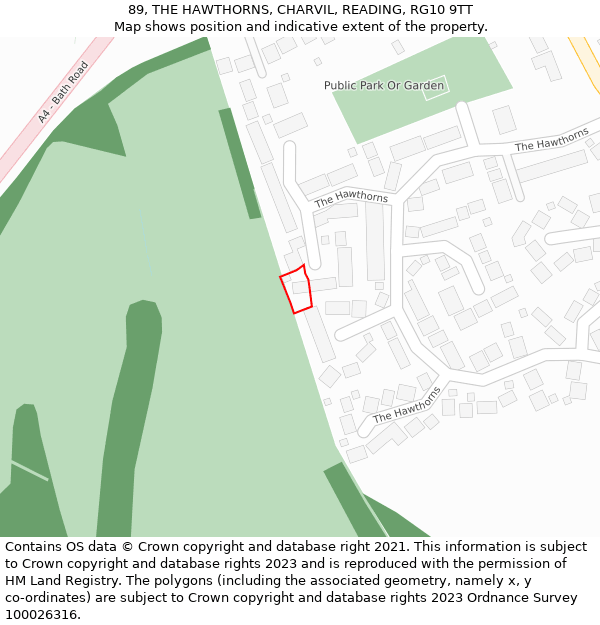 89, THE HAWTHORNS, CHARVIL, READING, RG10 9TT: Location map and indicative extent of plot