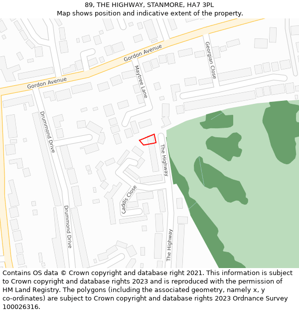 89, THE HIGHWAY, STANMORE, HA7 3PL: Location map and indicative extent of plot