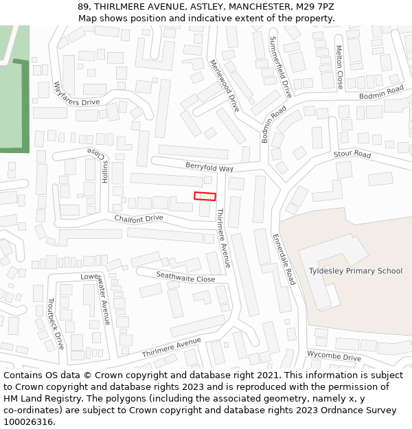 89, THIRLMERE AVENUE, ASTLEY, MANCHESTER, M29 7PZ: Location map and indicative extent of plot