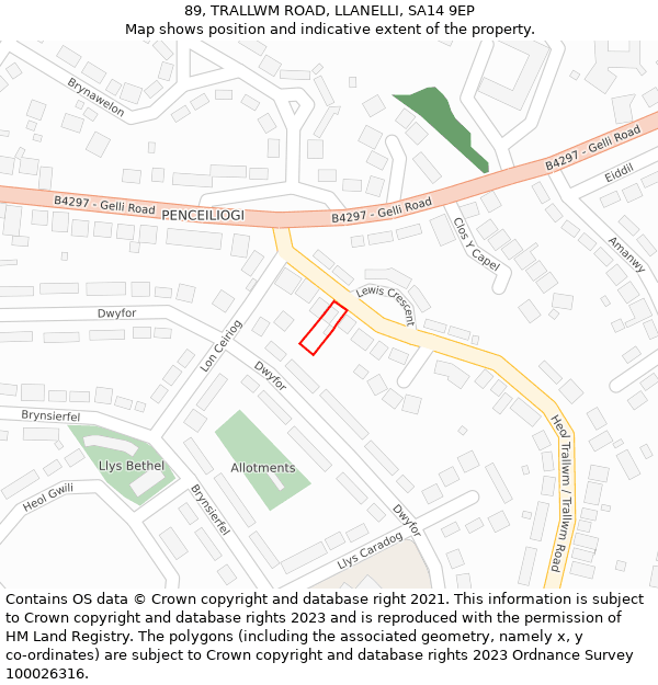 89, TRALLWM ROAD, LLANELLI, SA14 9EP: Location map and indicative extent of plot