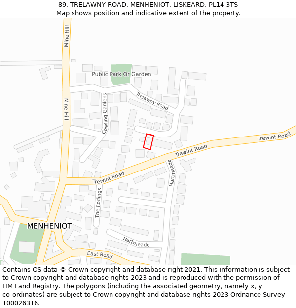 89, TRELAWNY ROAD, MENHENIOT, LISKEARD, PL14 3TS: Location map and indicative extent of plot