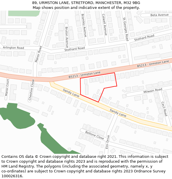 89, URMSTON LANE, STRETFORD, MANCHESTER, M32 9BG: Location map and indicative extent of plot