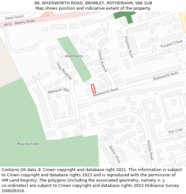 89, WADSWORTH ROAD, BRAMLEY, ROTHERHAM, S66 1UB: Location map and indicative extent of plot