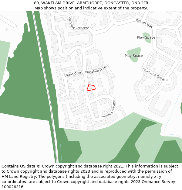 89, WAKELAM DRIVE, ARMTHORPE, DONCASTER, DN3 2FR: Location map and indicative extent of plot