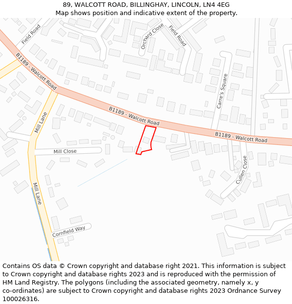 89, WALCOTT ROAD, BILLINGHAY, LINCOLN, LN4 4EG: Location map and indicative extent of plot