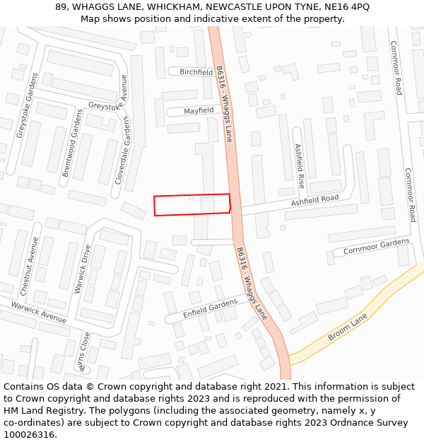 89, WHAGGS LANE, WHICKHAM, NEWCASTLE UPON TYNE, NE16 4PQ: Location map and indicative extent of plot