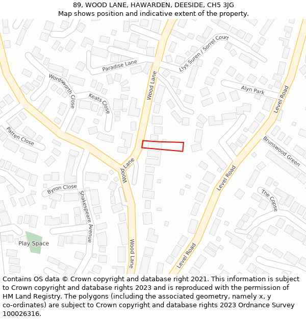 89, WOOD LANE, HAWARDEN, DEESIDE, CH5 3JG: Location map and indicative extent of plot