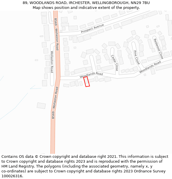 89, WOODLANDS ROAD, IRCHESTER, WELLINGBOROUGH, NN29 7BU: Location map and indicative extent of plot