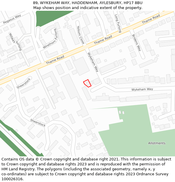 89, WYKEHAM WAY, HADDENHAM, AYLESBURY, HP17 8BU: Location map and indicative extent of plot