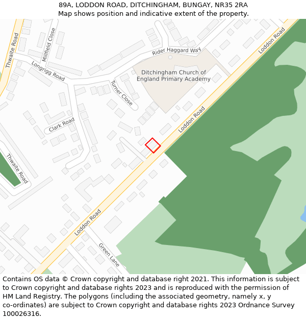 89A, LODDON ROAD, DITCHINGHAM, BUNGAY, NR35 2RA: Location map and indicative extent of plot