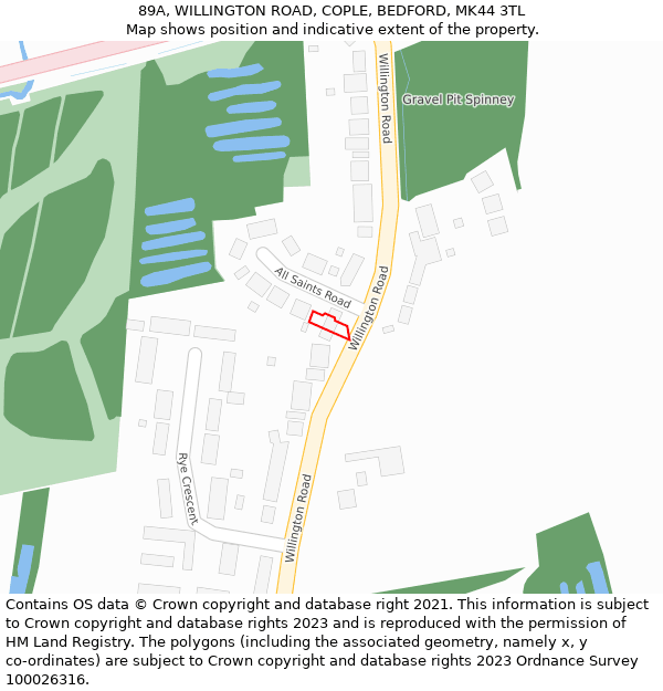 89A, WILLINGTON ROAD, COPLE, BEDFORD, MK44 3TL: Location map and indicative extent of plot