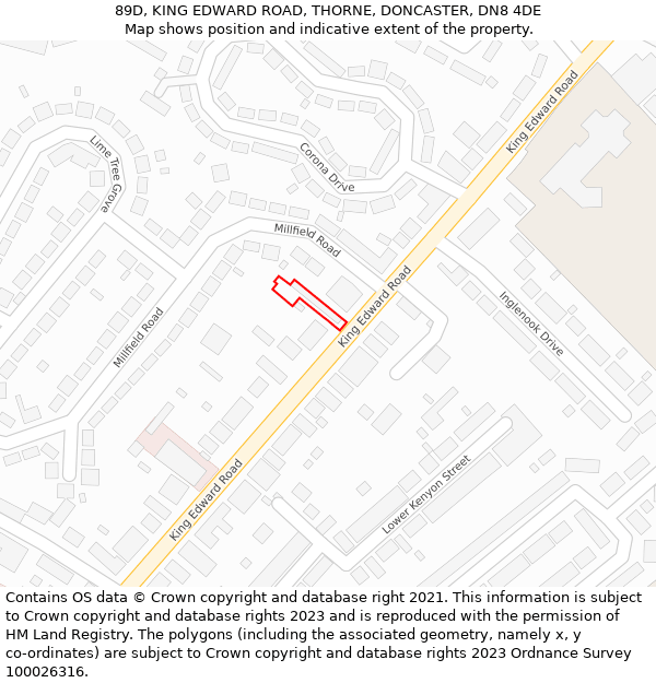 89D, KING EDWARD ROAD, THORNE, DONCASTER, DN8 4DE: Location map and indicative extent of plot