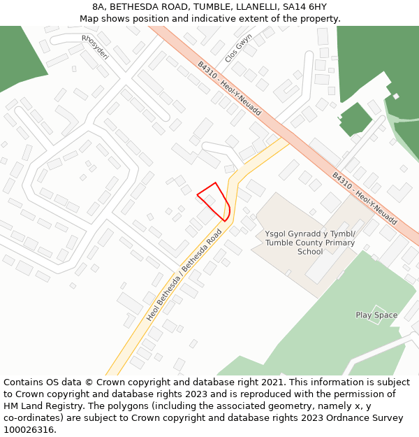 8A, BETHESDA ROAD, TUMBLE, LLANELLI, SA14 6HY: Location map and indicative extent of plot