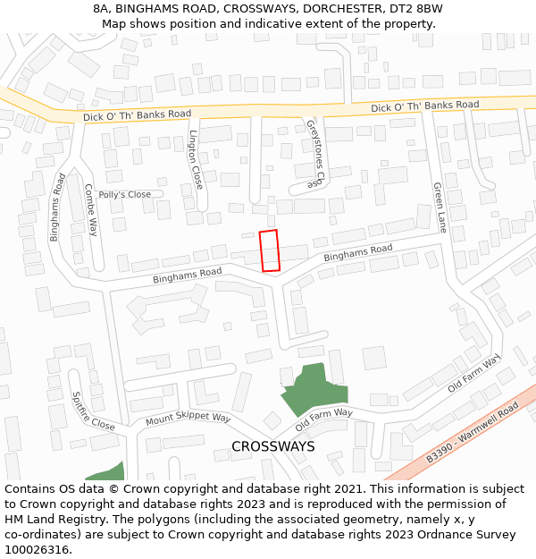 8A, BINGHAMS ROAD, CROSSWAYS, DORCHESTER, DT2 8BW: Location map and indicative extent of plot