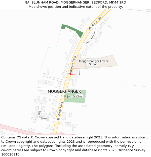8A, BLUNHAM ROAD, MOGGERHANGER, BEDFORD, MK44 3RD: Location map and indicative extent of plot