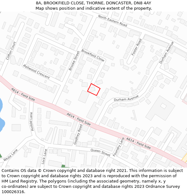 8A, BROOKFIELD CLOSE, THORNE, DONCASTER, DN8 4AY: Location map and indicative extent of plot