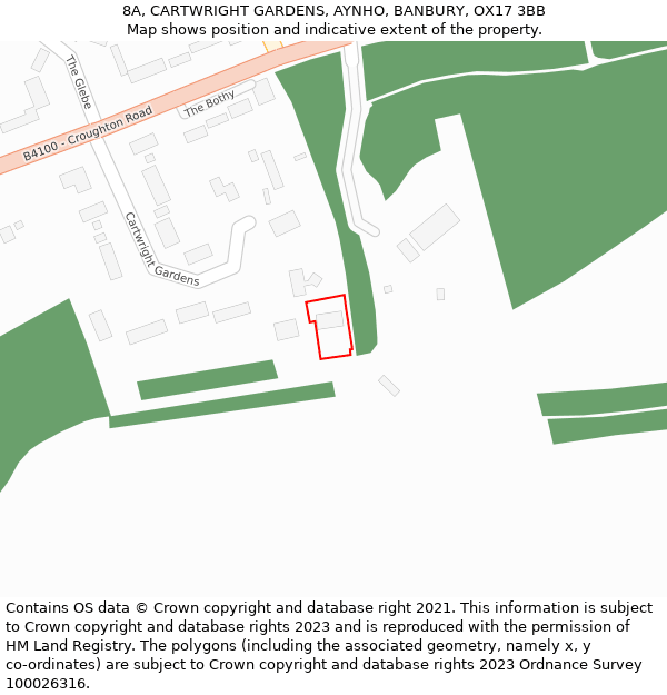 8A, CARTWRIGHT GARDENS, AYNHO, BANBURY, OX17 3BB: Location map and indicative extent of plot