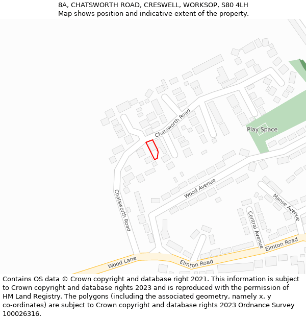 8A, CHATSWORTH ROAD, CRESWELL, WORKSOP, S80 4LH: Location map and indicative extent of plot