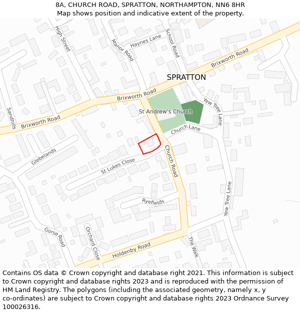 8A, CHURCH ROAD, SPRATTON, NORTHAMPTON, NN6 8HR: Location map and indicative extent of plot