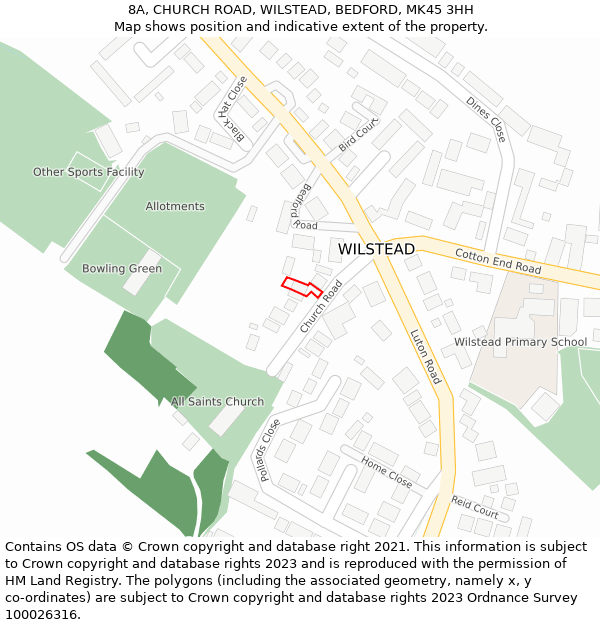 8A, CHURCH ROAD, WILSTEAD, BEDFORD, MK45 3HH: Location map and indicative extent of plot