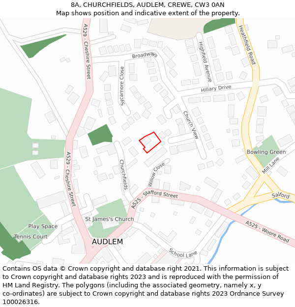 8A, CHURCHFIELDS, AUDLEM, CREWE, CW3 0AN: Location map and indicative extent of plot