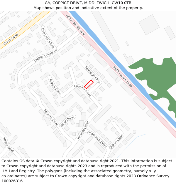 8A, COPPICE DRIVE, MIDDLEWICH, CW10 0TB: Location map and indicative extent of plot