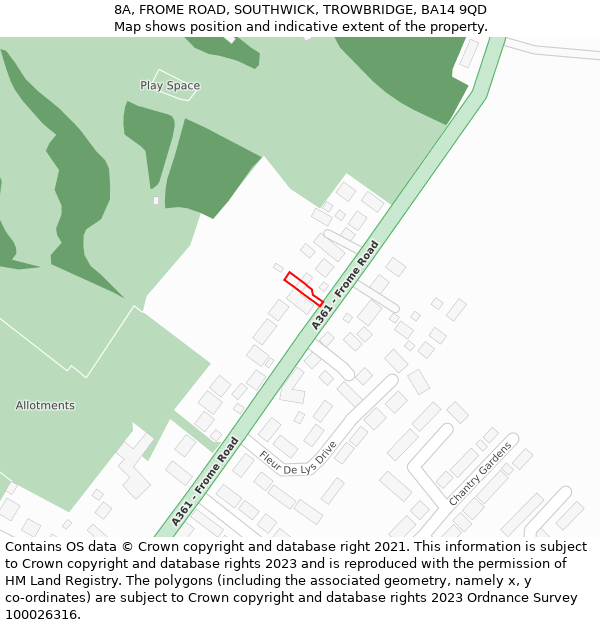 8A, FROME ROAD, SOUTHWICK, TROWBRIDGE, BA14 9QD: Location map and indicative extent of plot