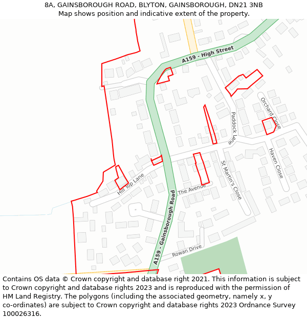 8A, GAINSBOROUGH ROAD, BLYTON, GAINSBOROUGH, DN21 3NB: Location map and indicative extent of plot