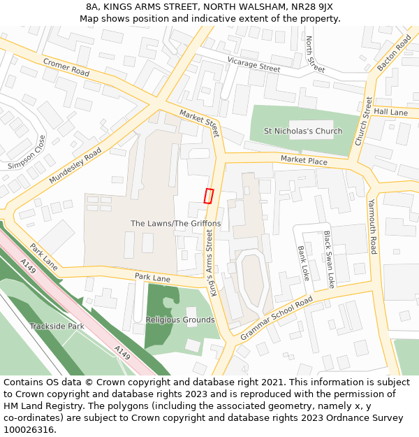 8A, KINGS ARMS STREET, NORTH WALSHAM, NR28 9JX: Location map and indicative extent of plot