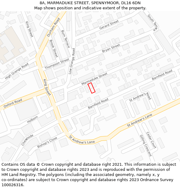 8A, MARMADUKE STREET, SPENNYMOOR, DL16 6DN: Location map and indicative extent of plot