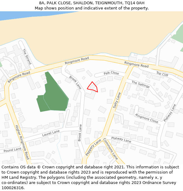 8A, PALK CLOSE, SHALDON, TEIGNMOUTH, TQ14 0AH: Location map and indicative extent of plot