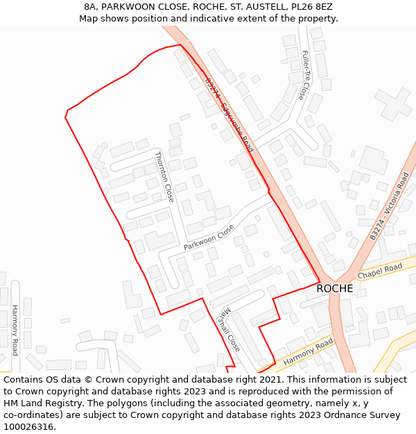 8A, PARKWOON CLOSE, ROCHE, ST. AUSTELL, PL26 8EZ: Location map and indicative extent of plot