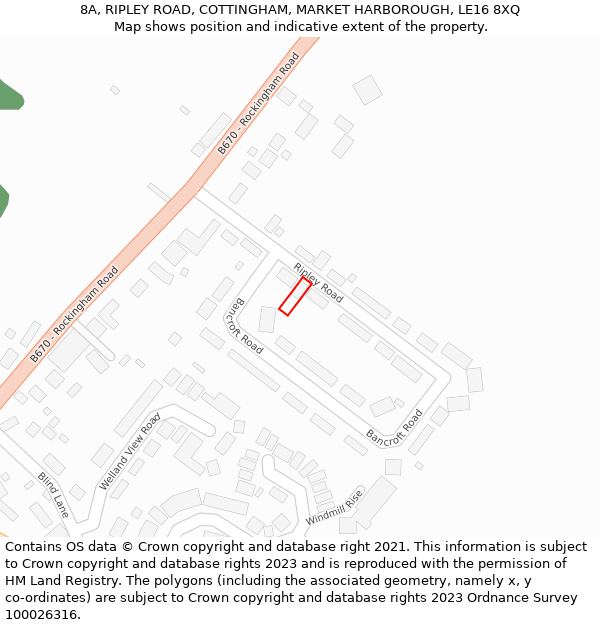 8A, RIPLEY ROAD, COTTINGHAM, MARKET HARBOROUGH, LE16 8XQ: Location map and indicative extent of plot